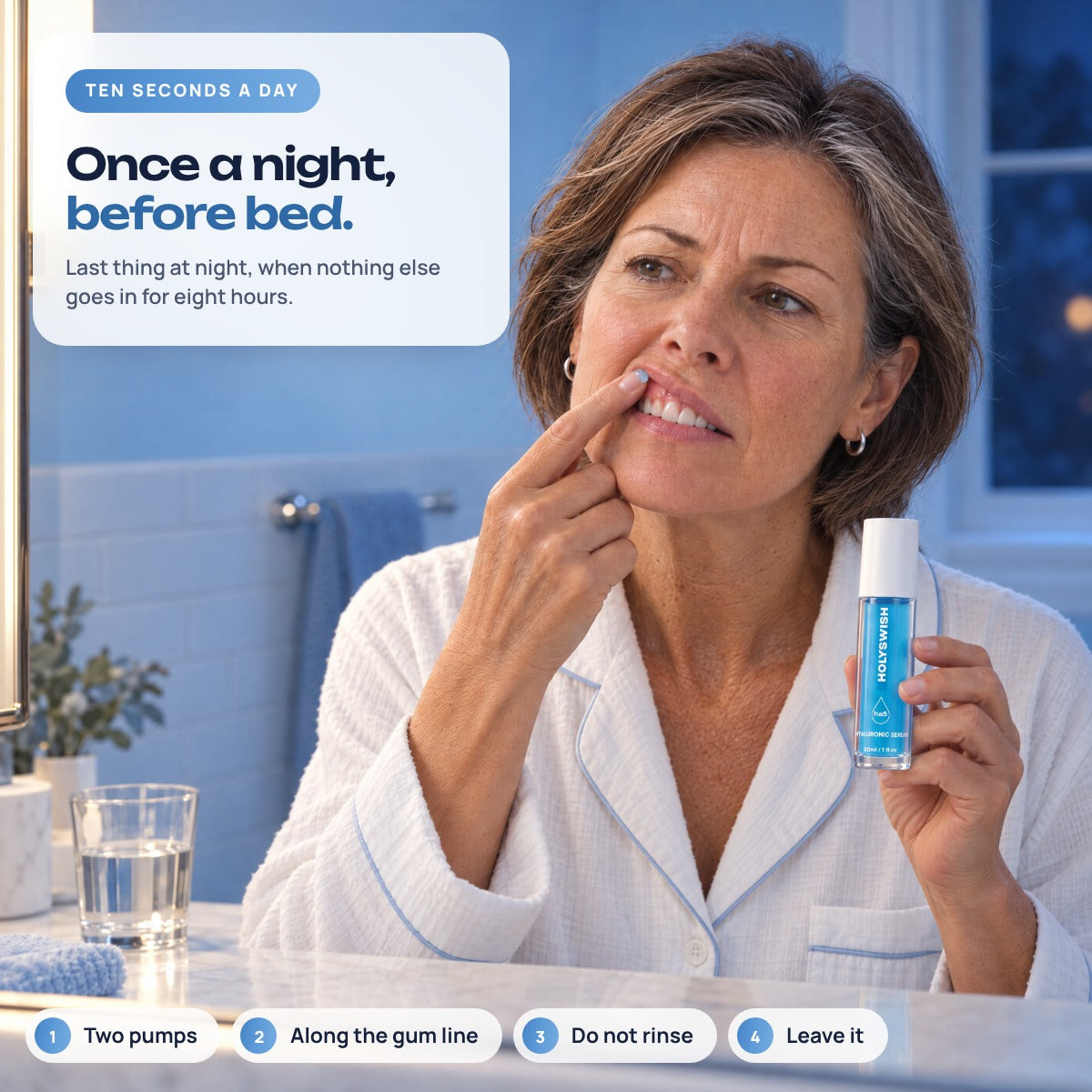 Once a night, before bed: two pumps onto a fingertip
