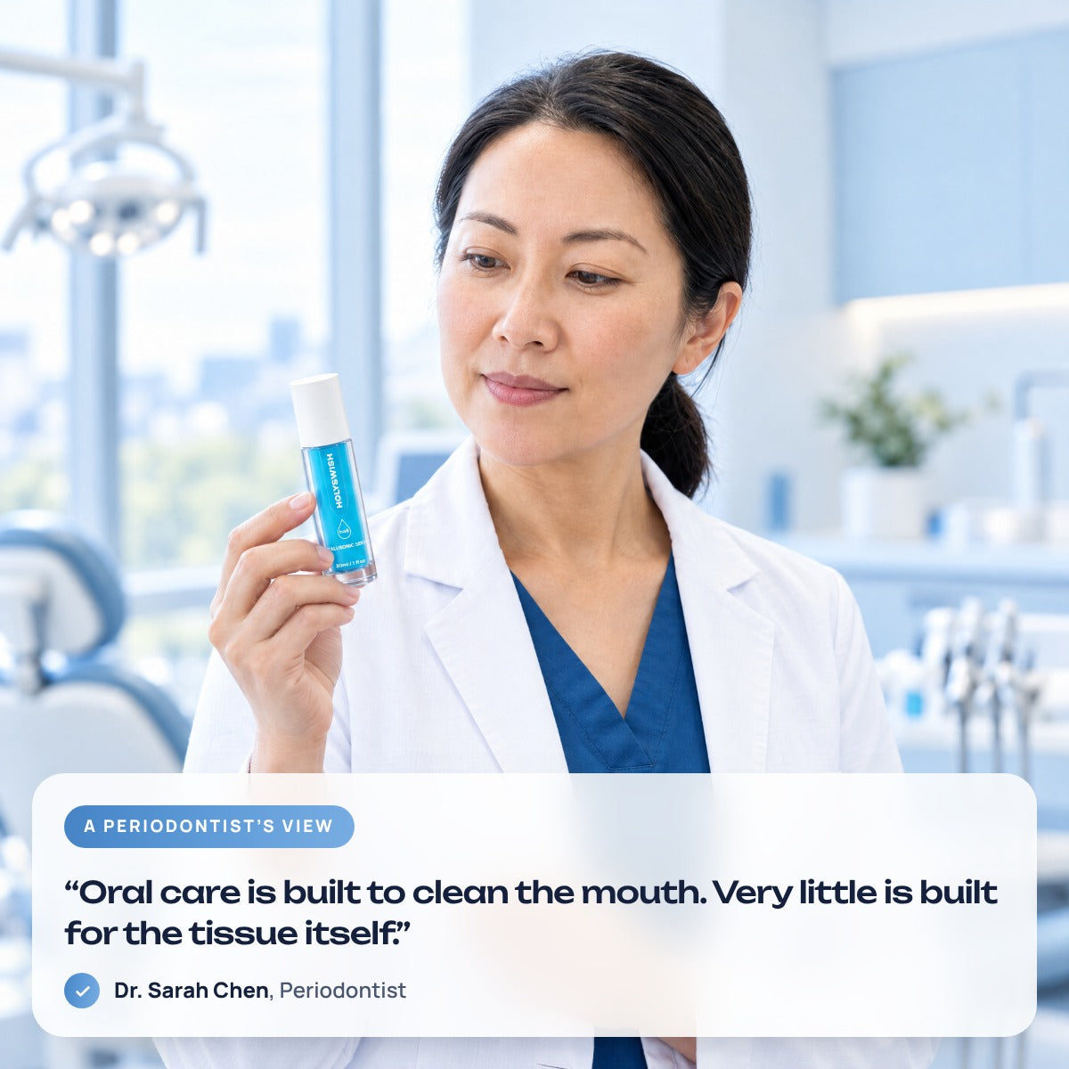 Dr. Sarah Chen, Periodontist, reading the Gum Serum label