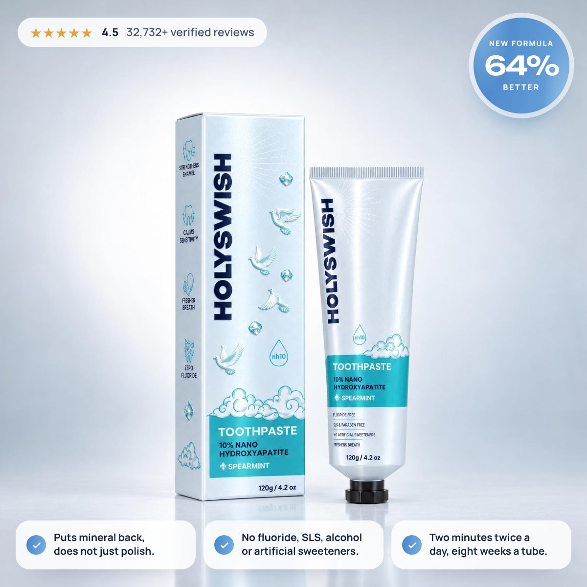 Holyswish Hydroxyapatite Toothpaste and carton in a clean studio