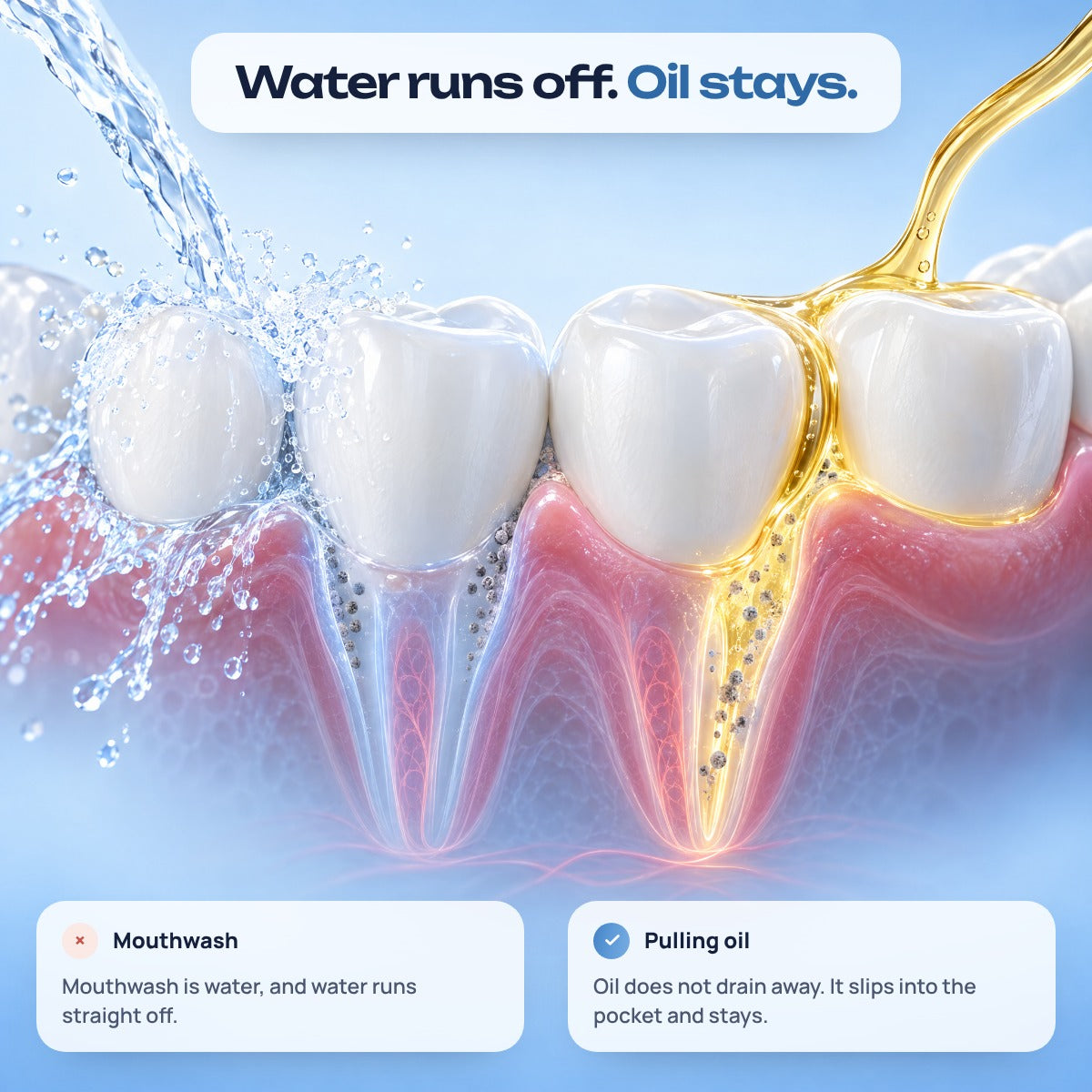 Water runs off, oil stays: mouthwash versus pulling oil